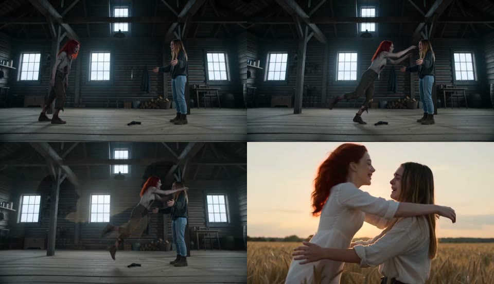 Four stills in order: arms open in the cabin, the zombie leaping from the left, a dissolve in mid-air, and the hug in the wheat field