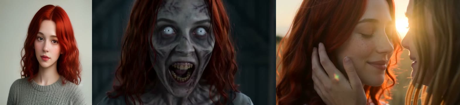 A reference photo of a red-haired woman, her zombie close-up with the same red hair, and her living self in the memory scene