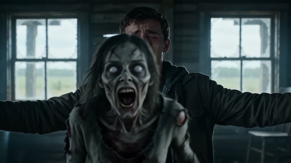 Test render where the zombie appears in front of the survivor in the same shot instead of running toward them