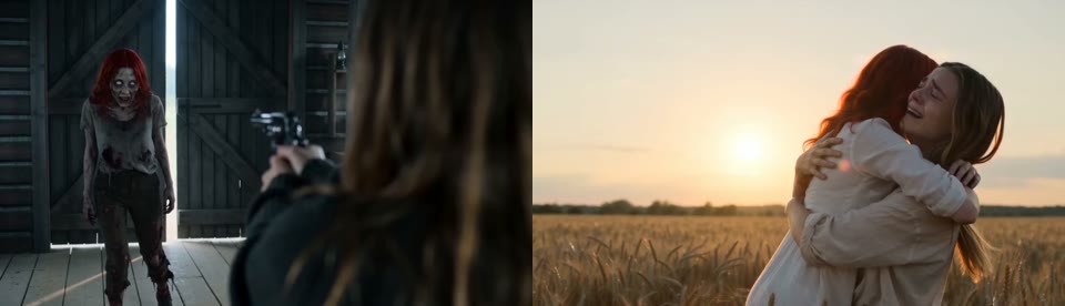 Two stills side by side: a zombie walking toward a survivor in a dim cabin, and the same two people hugging in a wheat field at sunset