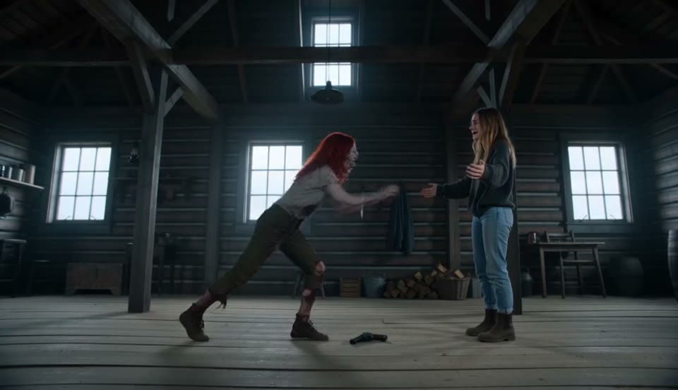 A zombie with red hair leaping at a woman who stands with her arms open in a wooden cabin