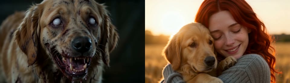 A zombie golden retriever in close-up with white eyes, next to the same dog healthy and hugged in a wheat field